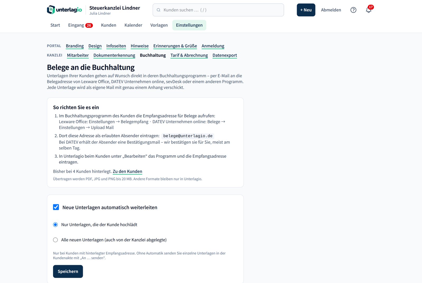 Einstellungen „Belege an die Buchhaltung“: Einrichtung, automatische Weiterleitung und zuletzt gesendete Belege