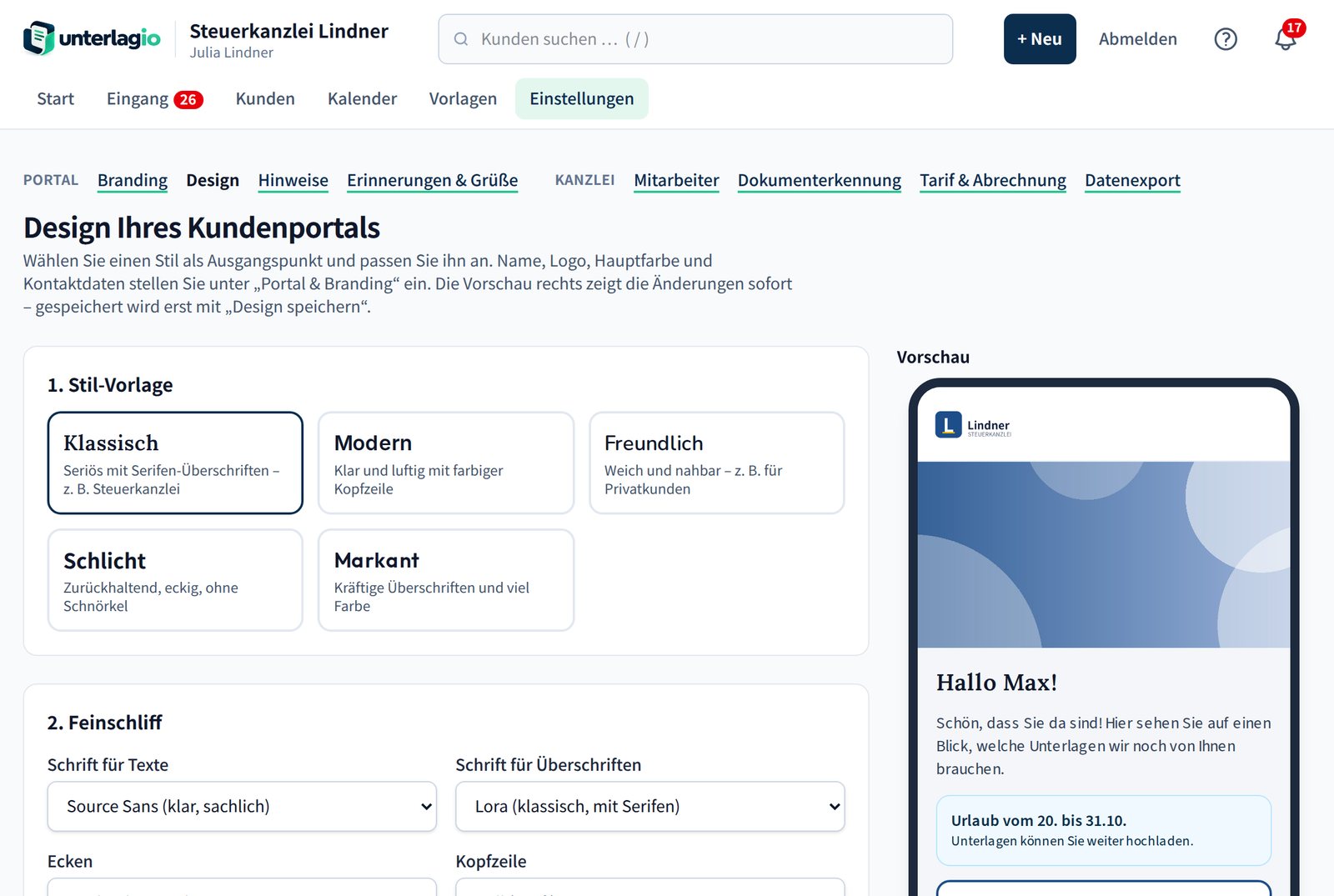Design-Einstellungen: Stil-Vorlagen, Schriften und Live-Vorschau des Kundenportals