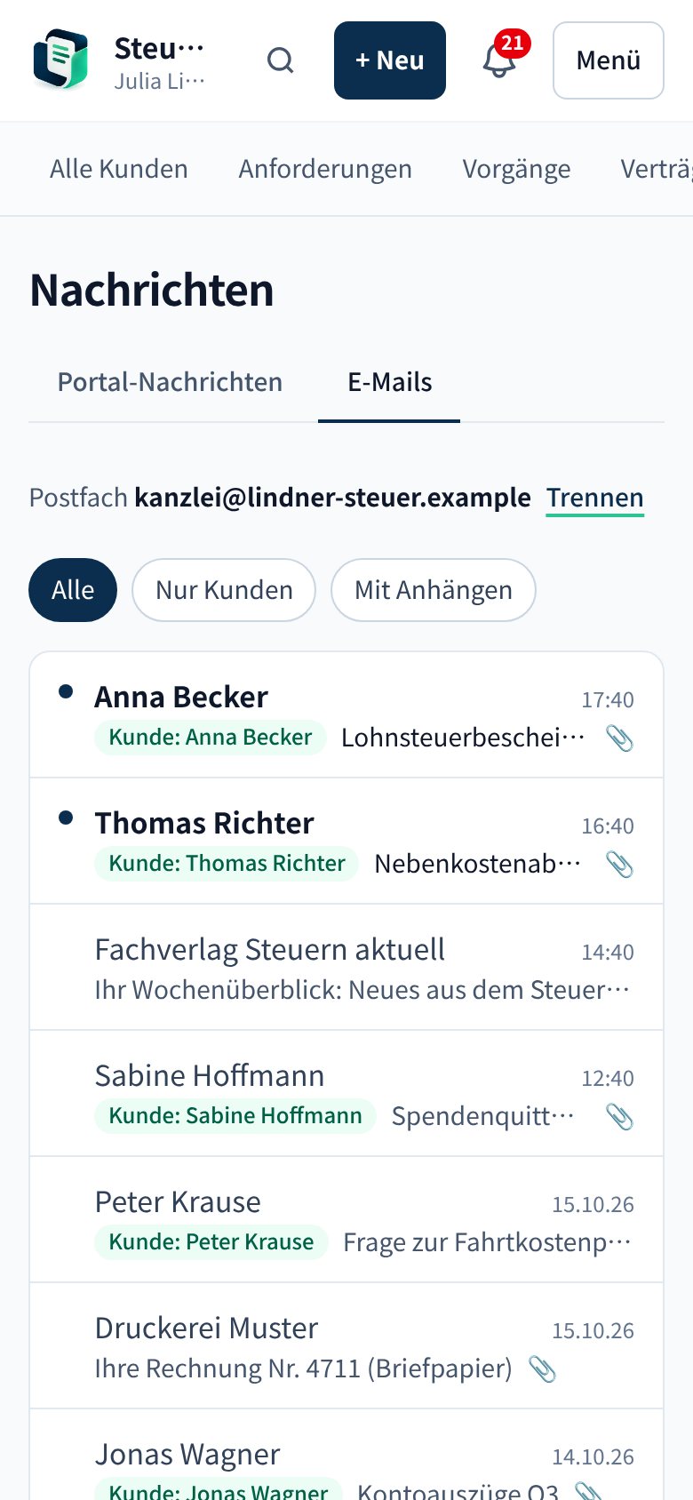E-Mail-Eingang am Handy mit erkannten Mandanten und Filtern