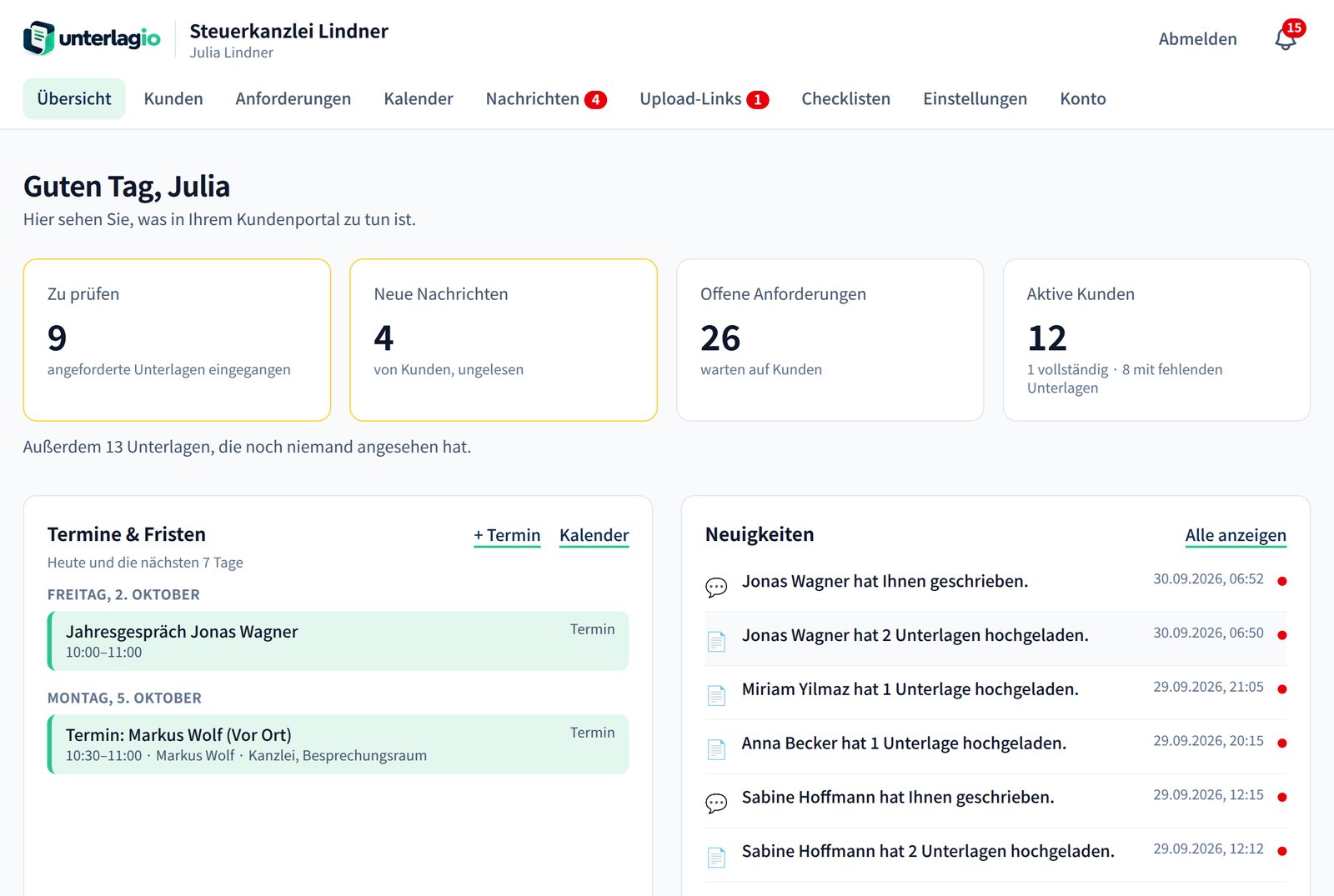 Übersicht im Beraterbereich: zu prüfende Unterlagen, neue Nachrichten, offene Anforderungen, Termine und Neuigkeiten