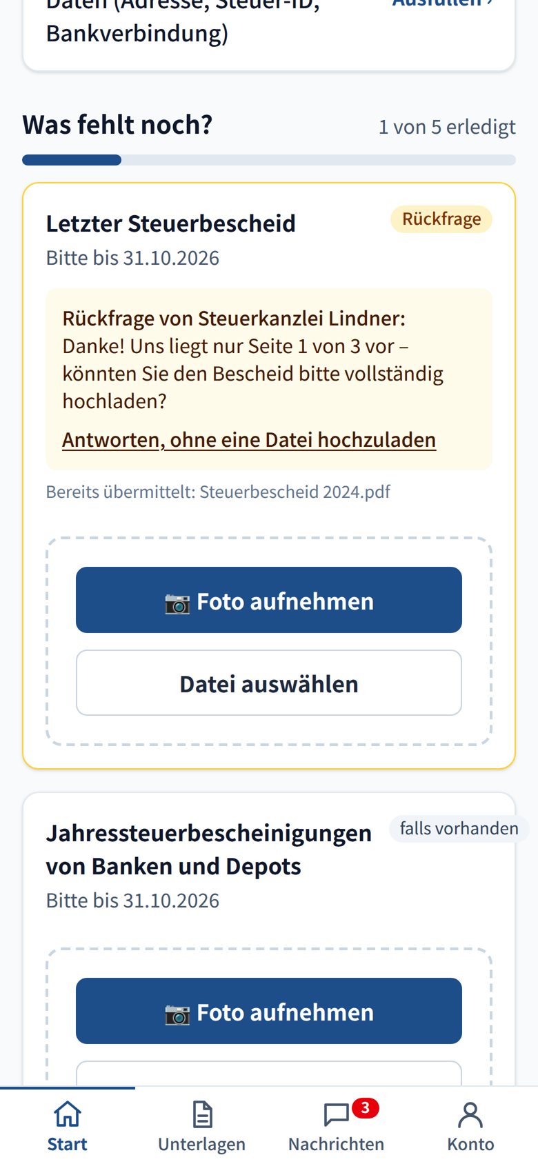 Kundenportal: Was fehlt noch? mit Fortschritt, Rückfrage und Upload per Foto