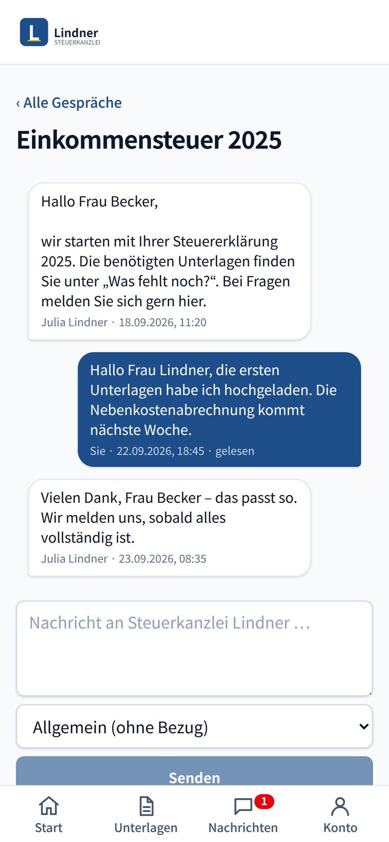 Gespräch „Einkommensteuer 2025“ im Kundenportal