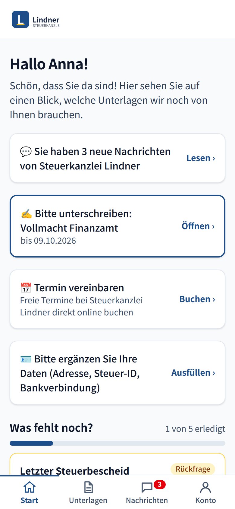 Kundenportal am Smartphone im Design der Kanzlei: neue Nachrichten, Dokument zur Unterschrift, Termin buchen