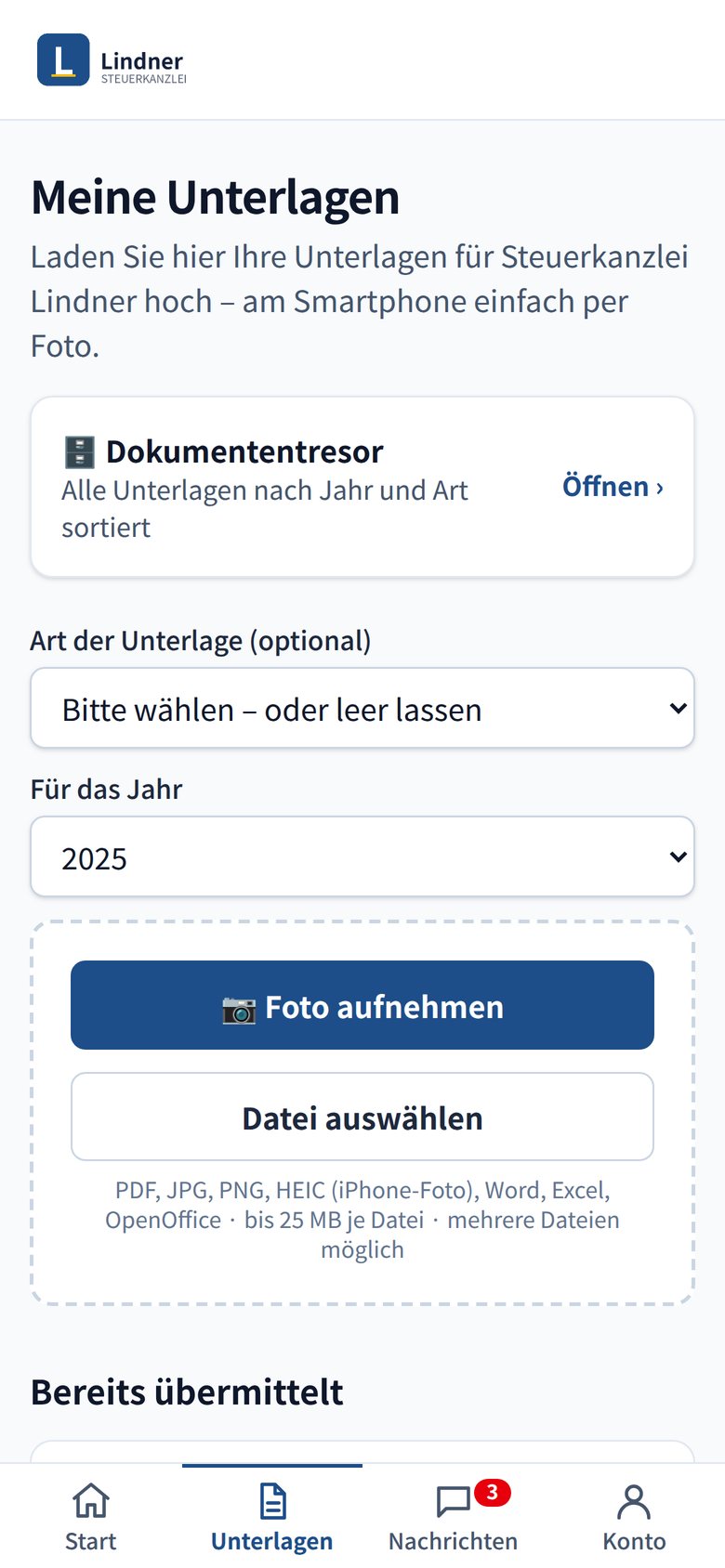 Kundenportal: Unterlagen per Foto oder Datei hochladen
