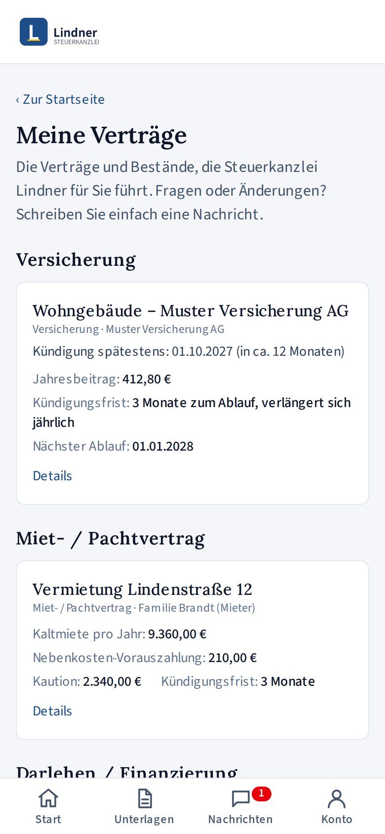 Kundenportal: Meine Verträge mit Versicherung und Mietvertrag